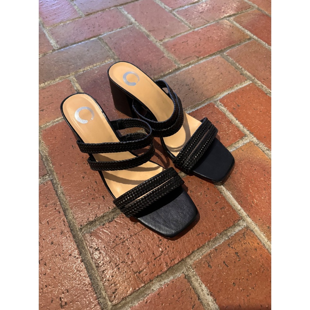 Journee Collection Black Braided Three Strap Block Heel Slide Sandals Womens 7.5